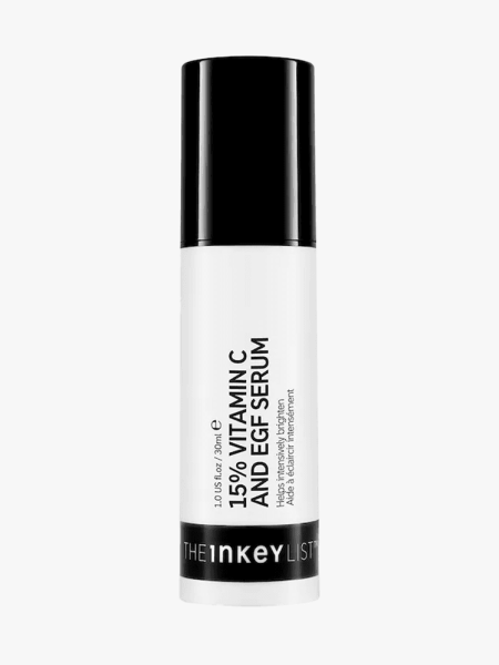 The Inkey List 15% Vitamin C and EGF Brightening Serum in branded component on a light gray background