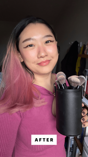 A selfie of Allure commerce editor Sarah Han holding a black leather container of the Sephora 8Piece Pro Face and Eye...
