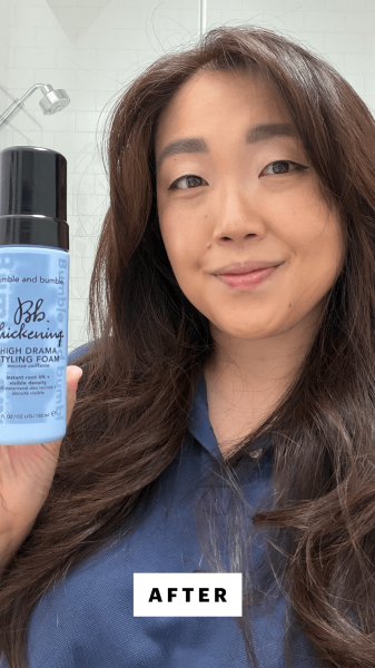 Lee after applying the Bumble Bumble Thickening High Drama Styling Foam