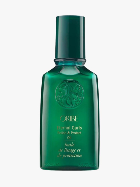 Oribe Eternal Curls Polish & Protect Oil in branded component on a light gray background