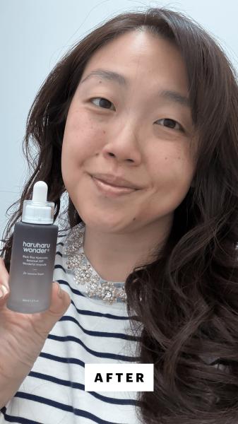 Allure contributing commerce writer Christa Joanna Lee after applying the Haruharu Wonder Black Rice Botanical 2GF Ampoule